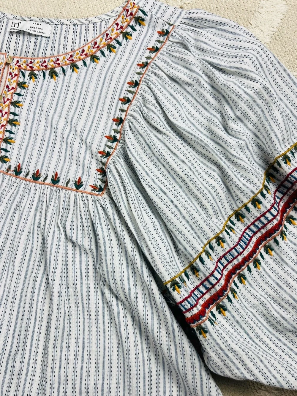 Zara TRF Embroidered Striped Peasant Blouse – Boho Blue & White – XL